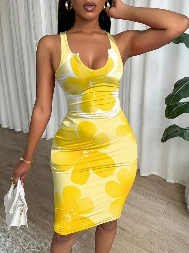 yellow floral print sleeveless bodycon tank dress