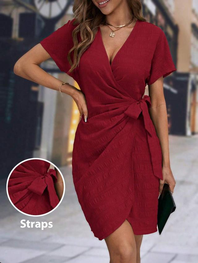 red solid color textured tie-wrap dress
