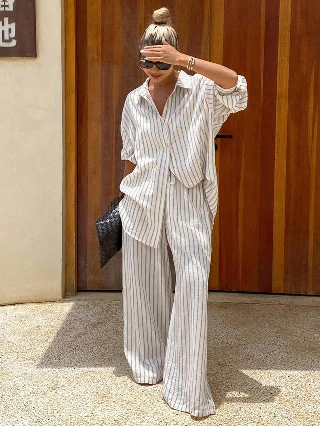 striped button-up shirt and wide-leg trousers set