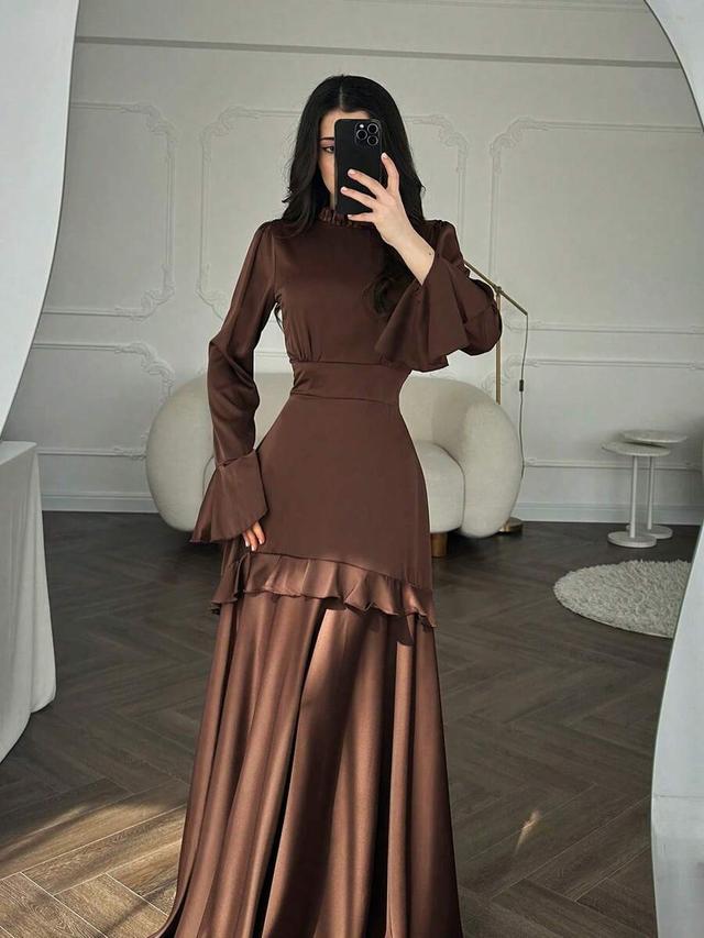 women's brown satin cinched waist bell sleeve long dress
