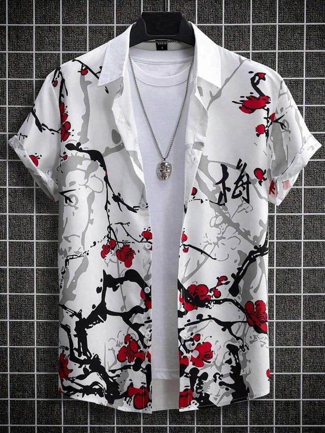 white floral graphic print short sleeve collar shirt