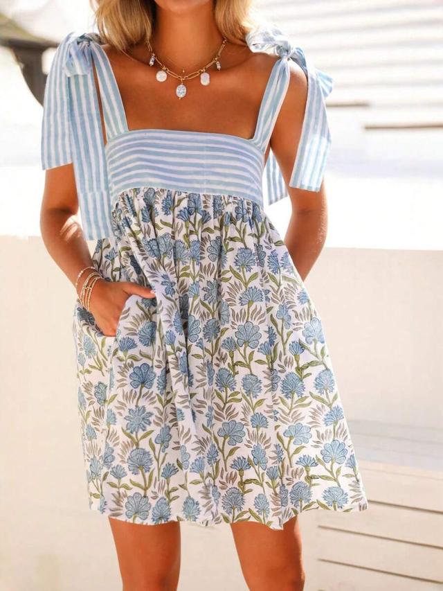 blue floral block print cotton tie-strap dress