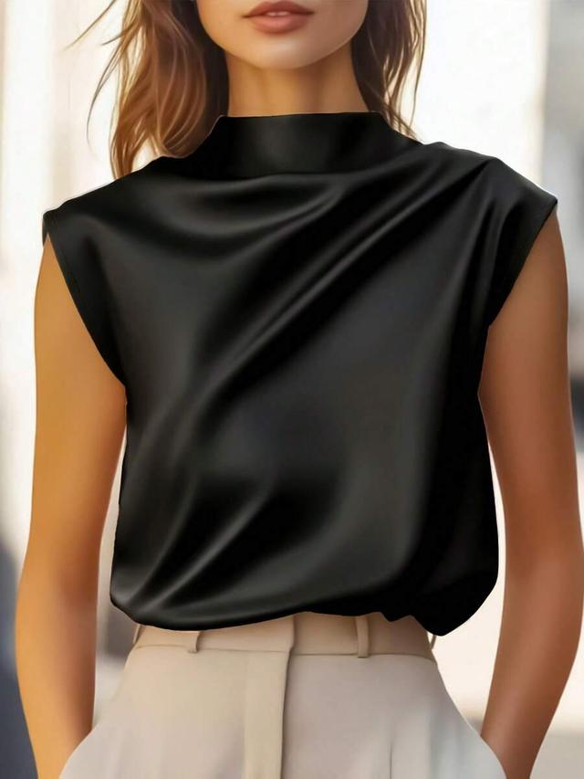 women's elegant solid black satin sleeveless blouse