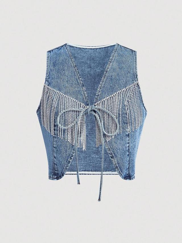 v-neck denim vest with rhinestone fringe detail