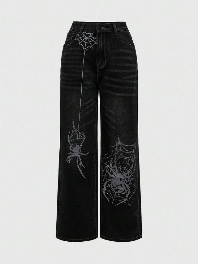 black spider pattern wide leg loose denim jeans