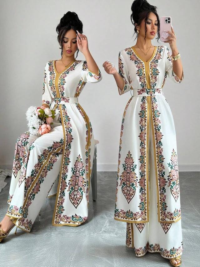 white embroidered v-neck kaftan style two-piece outfit