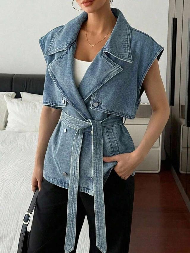 light blue denim collared sleeveless belted jacket