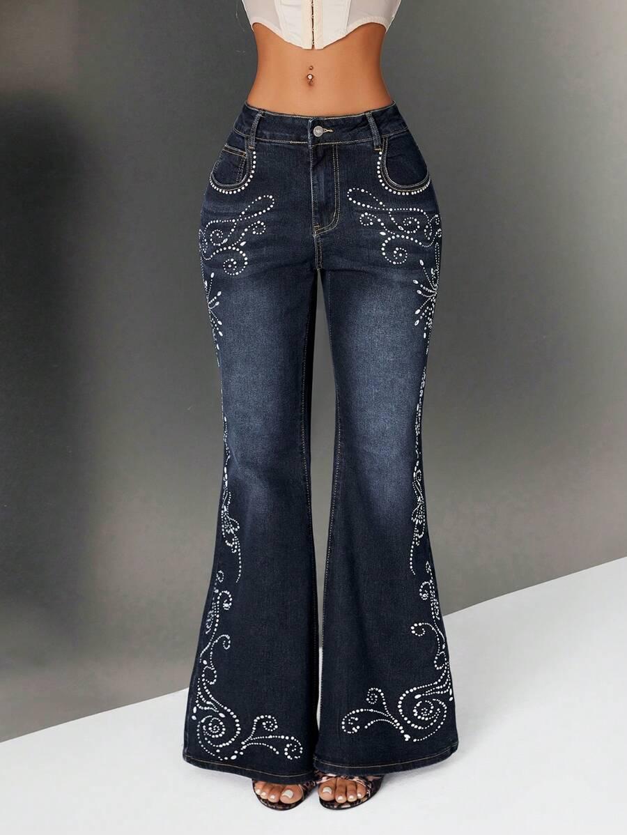 dark wash denim flare jeans with rhinestone embellishment
