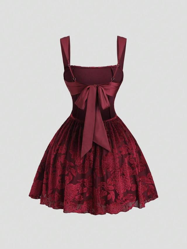 burgundy floral velvet patchwork satin lace-up backless dress