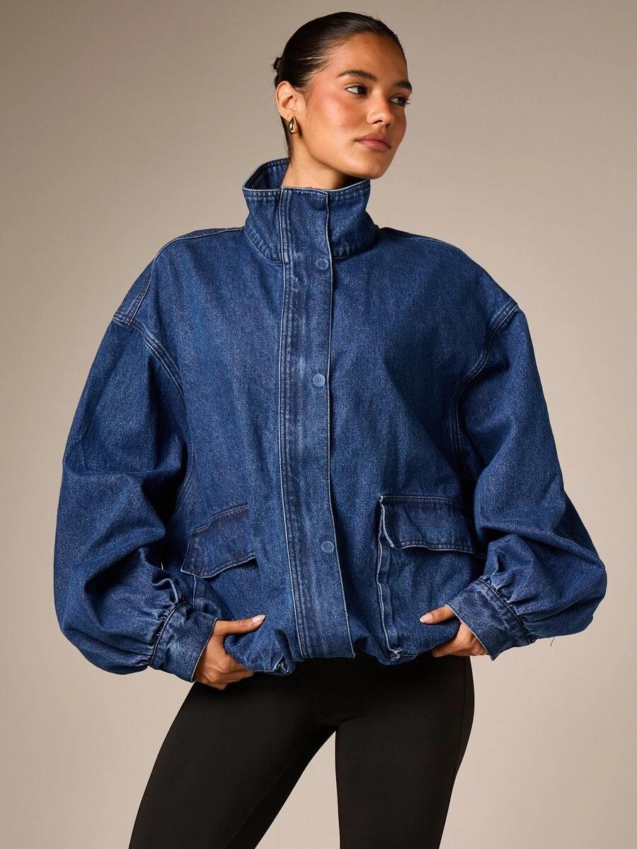 oversized funnel neck denim jacket with balloon sleeves