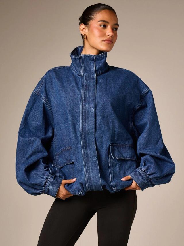 oversized funnel neck denim jacket with balloon sleeves