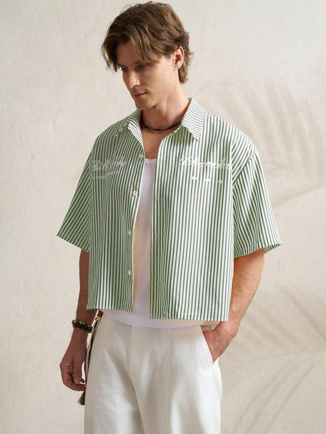 green striped short sleeve casual vacation shirt