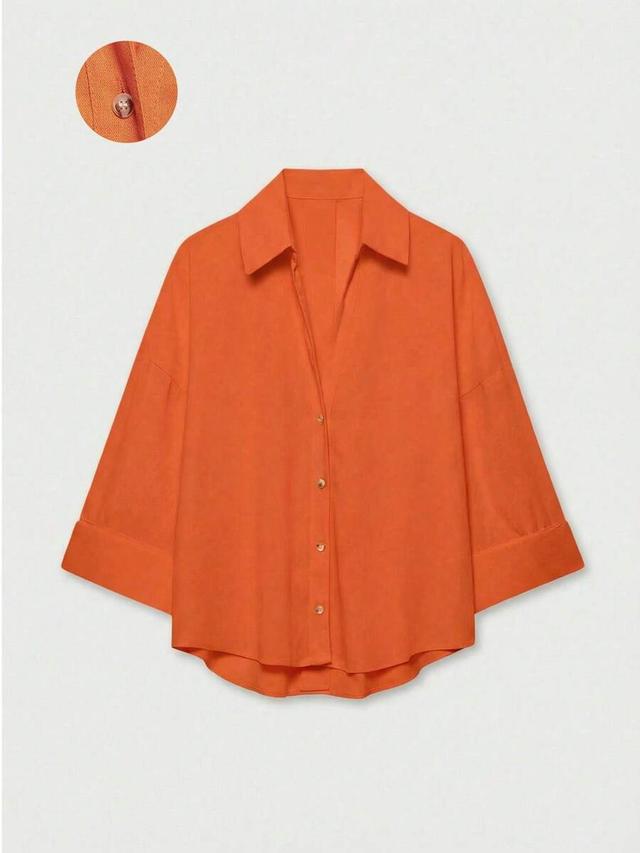 casual orange linen blend wide sleeve blouse