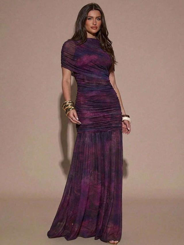 dark purple floral print ruched bodycon maxi dress