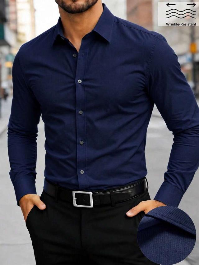 navy blue wrinkle-resistant business casual long sleeve shirt