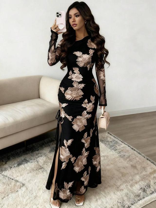 elegant black and gold floral jacquard mesh slit dress