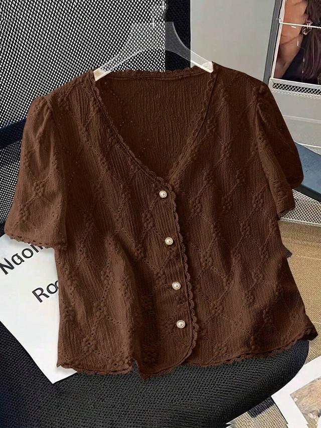 brown textured short sleeve button front blouse