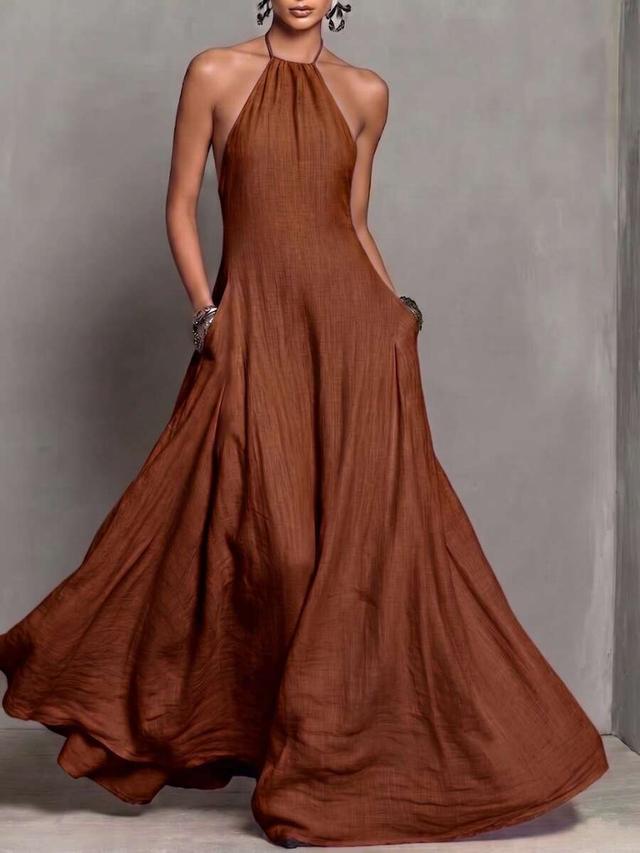 brown textured linen halter neck maxi dress