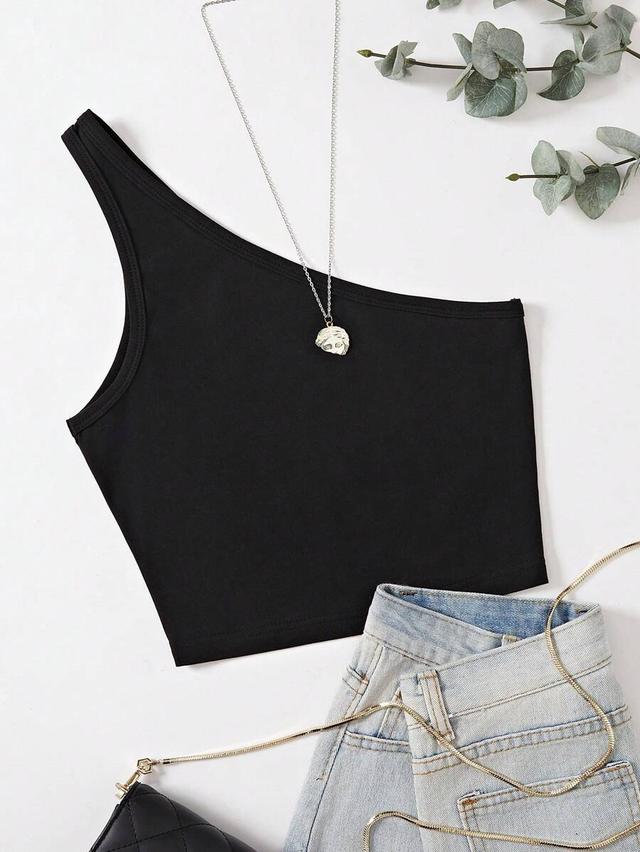 solid black one shoulder slim fit crop top