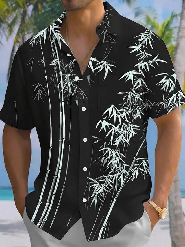 vintage bamboo leaf print men's loose short sleeve shirt