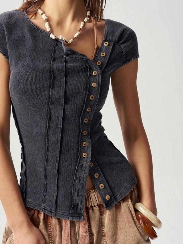 charcoal gray vintage washed knit convertible collar t-shirt