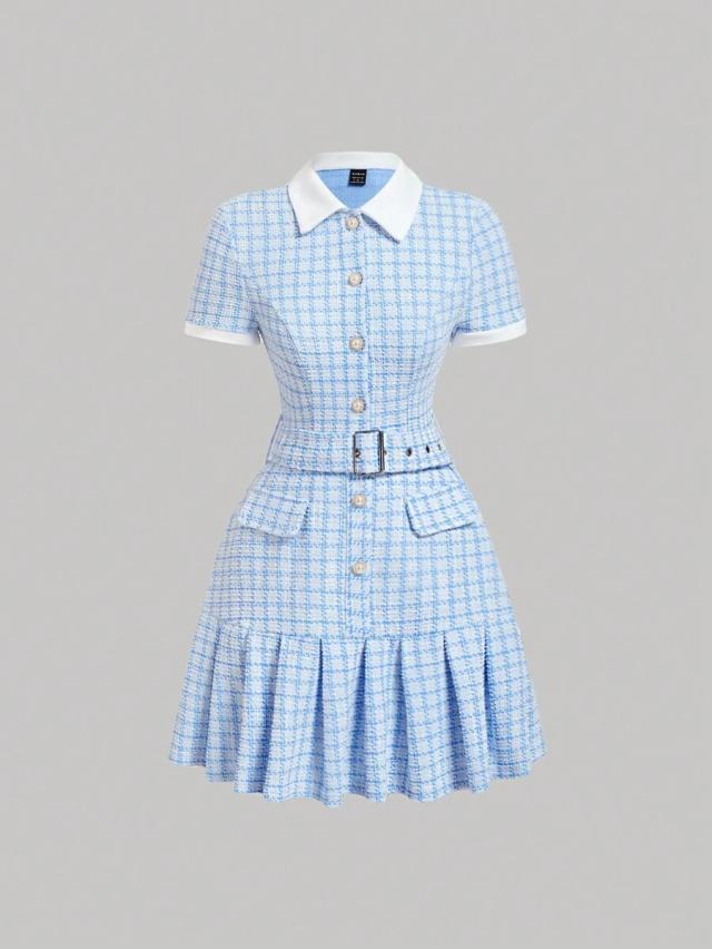 vintage blue plaid patchwork pleated short sleeve dress