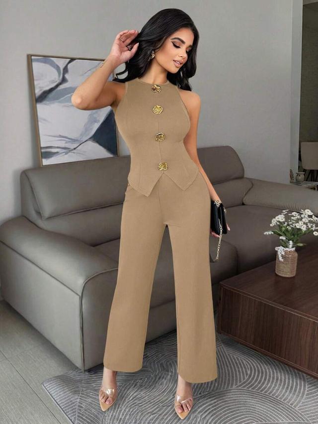 khaki sleeveless button-front top and matching trousers set