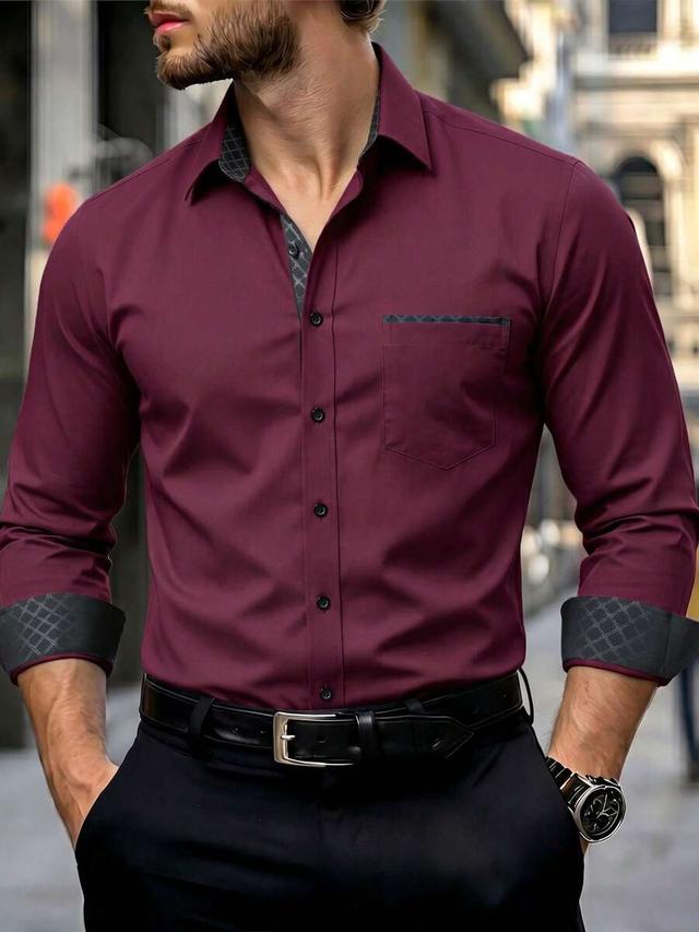 burgundy long-sleeve shirt with plaid-paneled accents