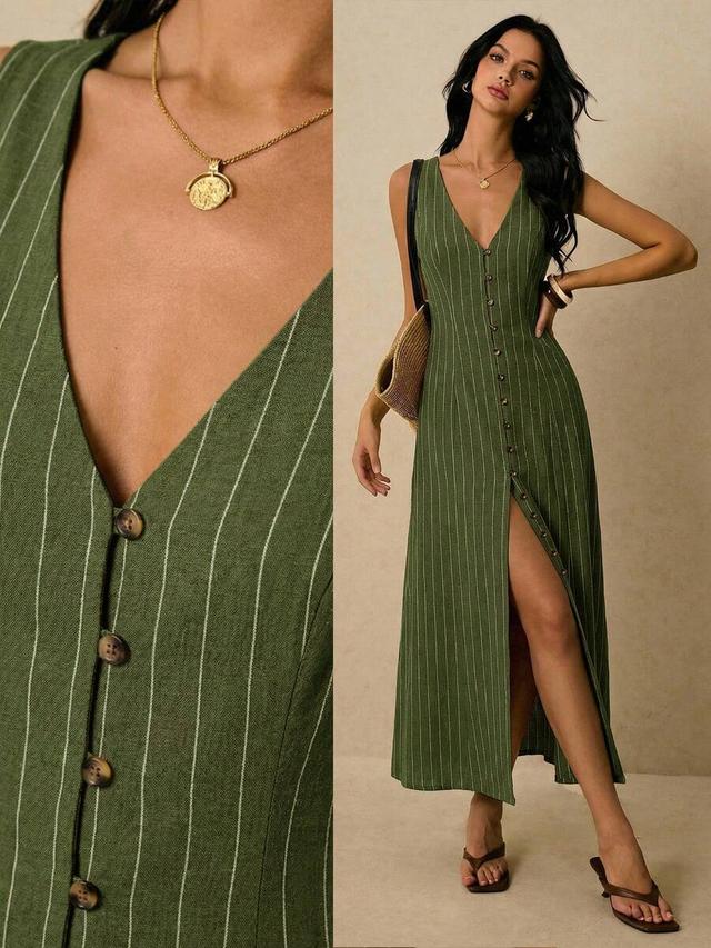 olive green pinstripe button-front midi dress