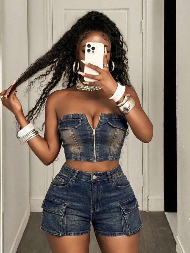 strapless retro denim zip-front crop top
