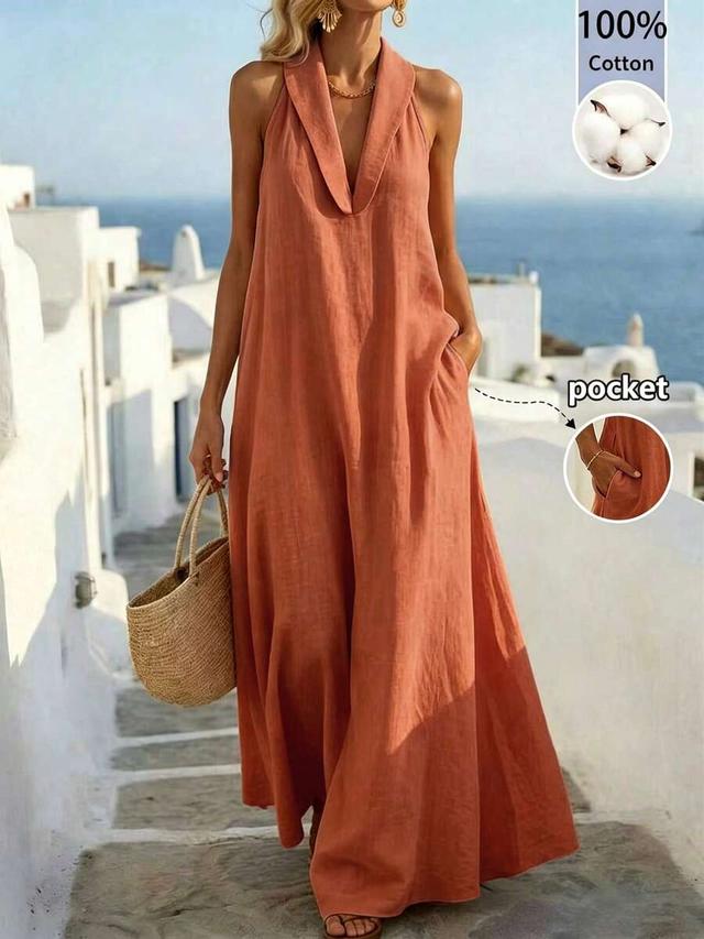 rust orange sleeveless linen blend a-line maxi dress