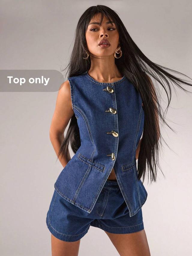 structured denim vest with gold statement buttons