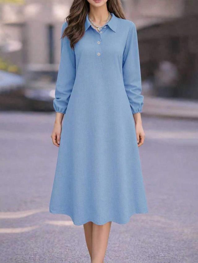 casual blue linen blend midi shirt dress