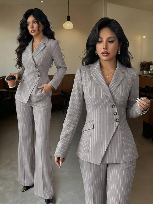 grey pinstripe asymmetric lapel blazer and wide leg pants