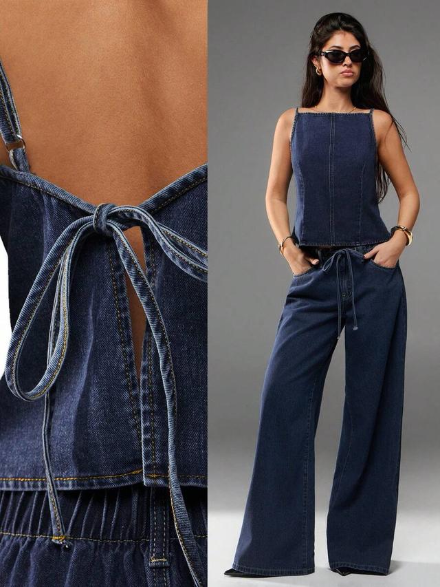 sleeveless dark wash denim corset style top
