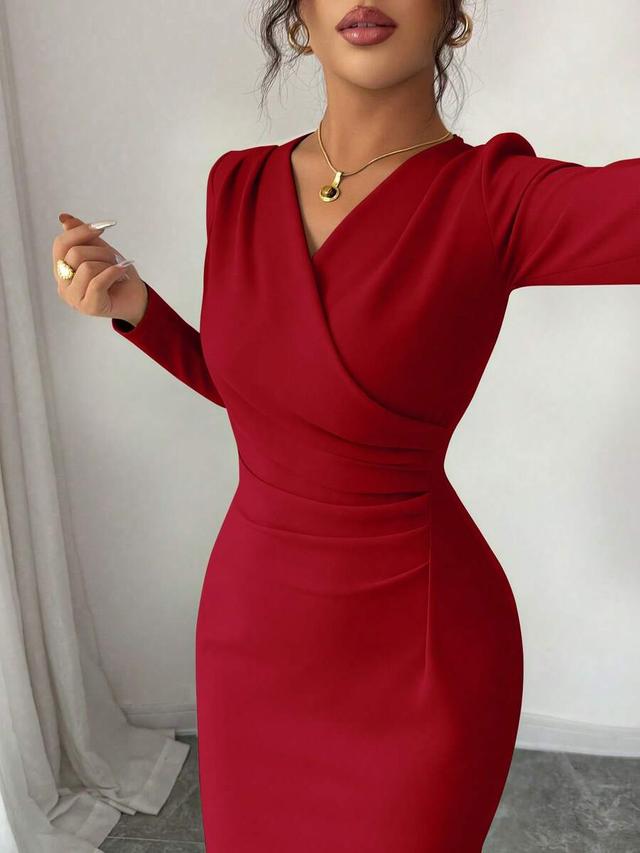 red minimalist long sleeve v-neck waist pleated fitted dress