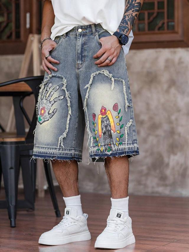 floral pattern frayed pocket wide leg denim shorts