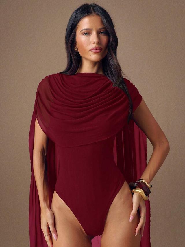 burgundy draped chiffon sleeveless fitted bodysuit