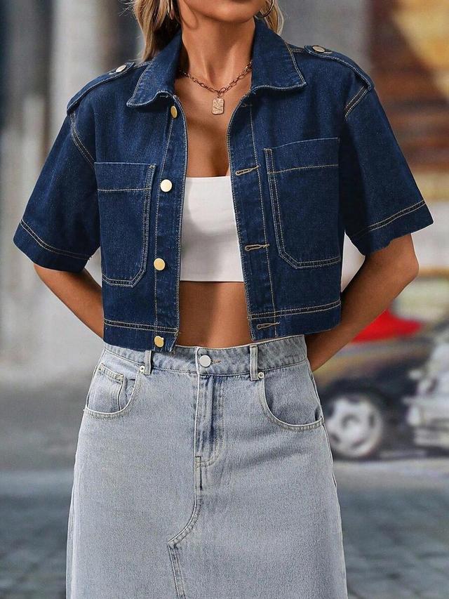 cropped dark wash denim short sleeve jacket