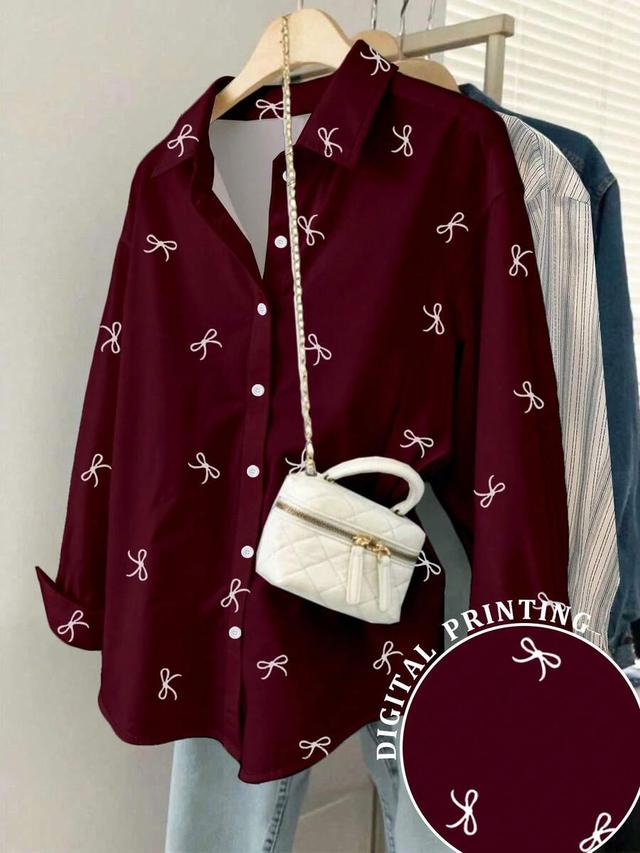 burgundy bow print single-breasted casual long sleeve shirt