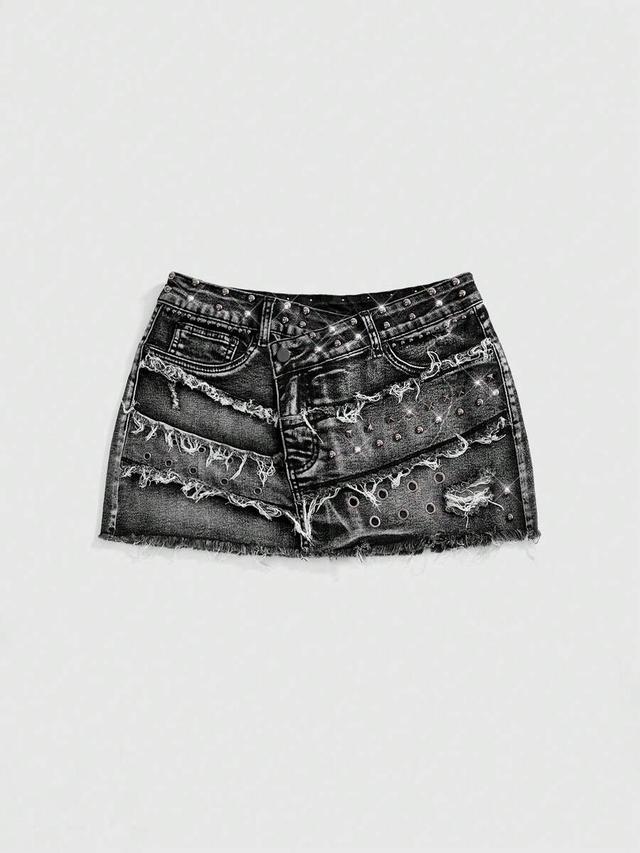 distressed black denim skirt with grommets and studs