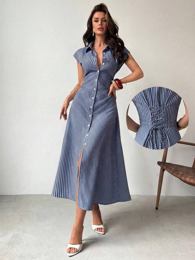 blue and white stripe puff sleeve a-line midi dress