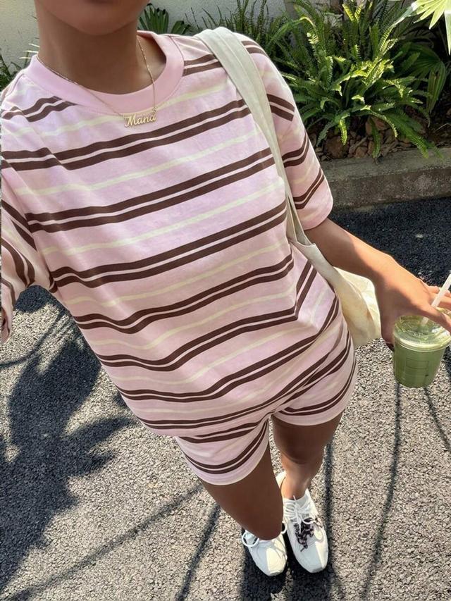 casual striped print round neck short sleeve set