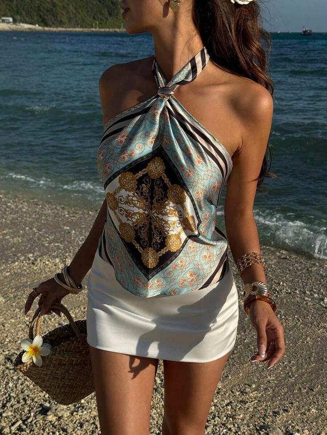 printed halter neck scarf tie sleeveless top