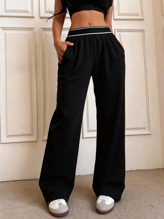 casual black wide leg sweatpants with striped waistband