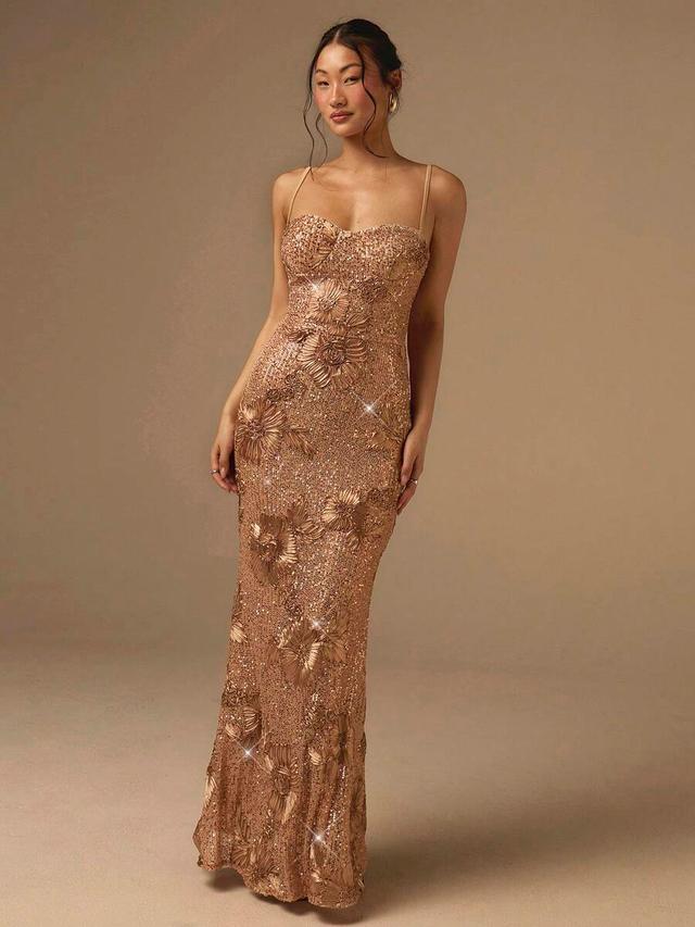 gold sequin floral jacquard evening gown