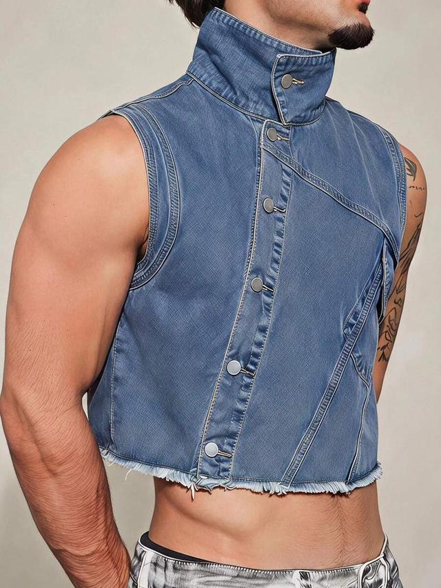 fevercity asymmetrical diagonal placket high neck sleeveless denim jacket