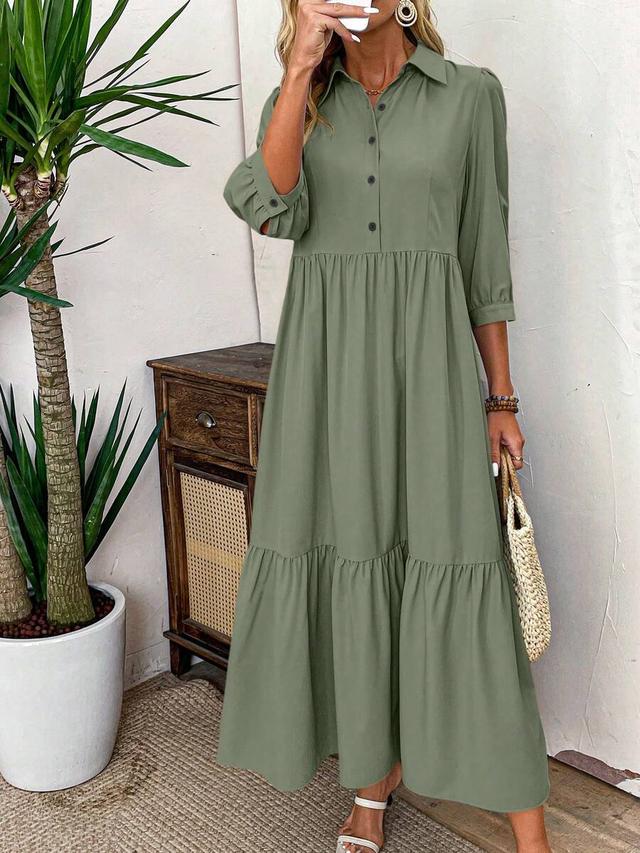 olive green button-down tiered midi shirt dress