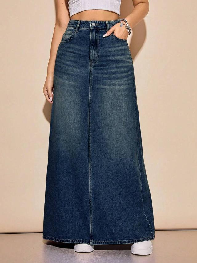 fashionable versatile button pocket a-line denim skirt