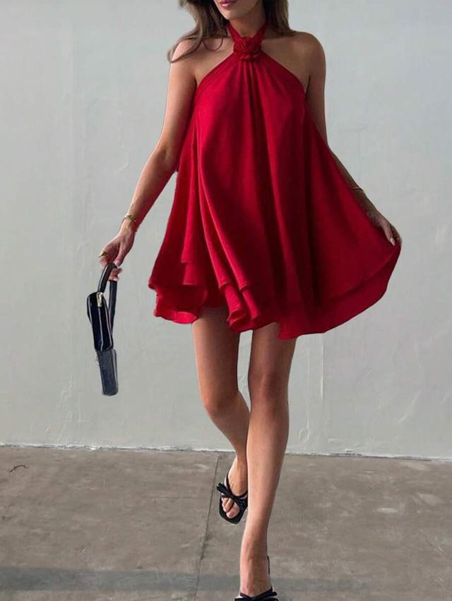 women's solid red 3d floral halter short dress